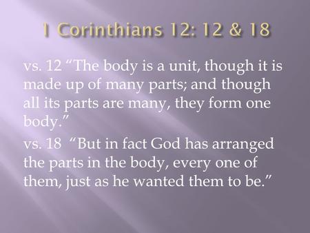 Vs. 12 “The body is a unit, though it is made up of many parts; and though all its parts are many, they form one body.” vs. 18 “But in fact God has arranged.