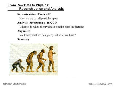 Bob Jacobsen July 24, 2001 From Raw Data to Physics From Raw Data to Physics: Reconstruction and Analysis Reconstruction: Particle ID How we try to tell.