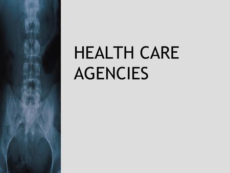 HEALTH CARE AGENCIES. 12/5/20152 Government Agencies conduct research and oversee programs providing care to the public (especially the elderly and children)