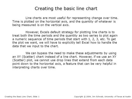 Creating the basic line chart Line charts are most useful for representing change over time. Time is plotted on the horizontal axis, and the quantity of.