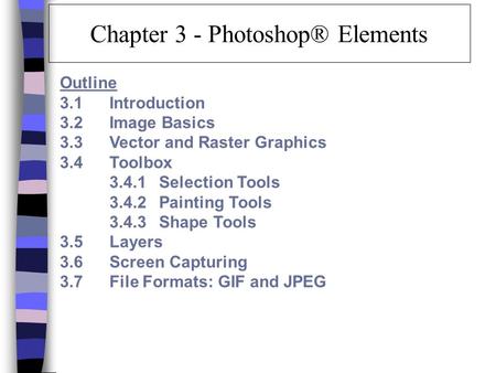 Chapter 3 - Photoshop® Elements Outline 3.1 Introduction 3.2 Image Basics 3.3 Vector and Raster Graphics 3.4 Toolbox 3.4.1 Selection Tools 3.4.2 Painting.