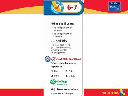 PRE-ALGEBRA. Lesson 6-7 Warm-Up PRE-ALGEBRA What is “percent of change”? How do you find the percent of increase or decrease? percent of change: percent.