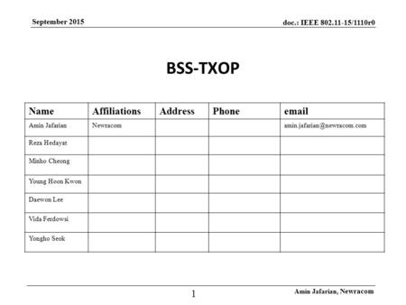 Doc.: IEEE 802.11-15/1110r0 Amin Jafarian, Newracom 1 September 2015 BSS-TXOP NameAffiliationsAddressPhone Amin