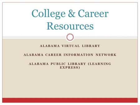 ALABAMA VIRTUAL LIBRARY ALABAMA CAREER INFORMATION NETWORK ALABAMA PUBLIC LIBRARY (LEARNING EXPRESS) College & Career Resources.