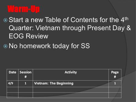 Warm-Up  Start a new Table of Contents for the 4 th Quarter: Vietnam through Present Day & EOG Review  No homework today for SS DateSession # ActivityPage.