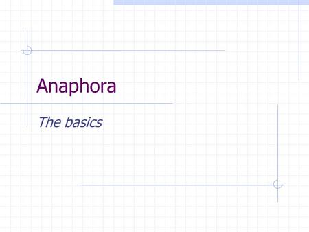 Anaphora The basics. Keywords Cohesion Anaphora Anaphor Antecedent Anaphora resolution Coreference Coreferential Pronominal anaphora Lexical NP anaphora.