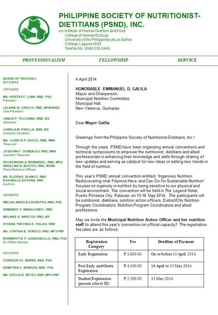 PHILIPPINE SOCIETY OF NUTRITIONIST- DIETITIANS (PSND), INC. c/o Institute of Human Nutrition and Food College of Human Ecology University of the Philippines.