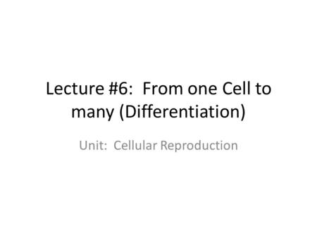 Lecture #6: From one Cell to many (Differentiation)