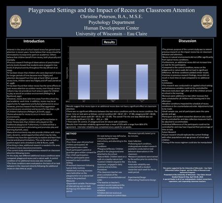 Playground Settings and the Impact of Recess on Classroom Attention Christine Peterson, B.A., M.S.E. Psychology Department Human Development Center University.