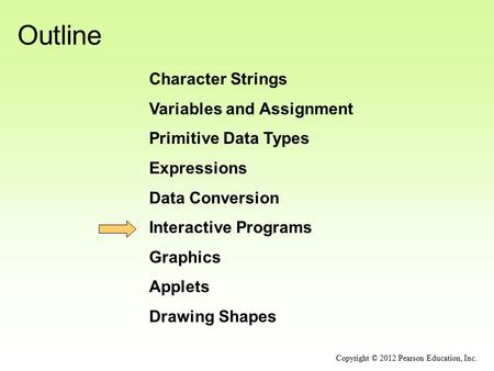 Outline Character Strings Variables and Assignment Primitive Data Types Expressions Data Conversion Interactive Programs Graphics Applets Drawing Shapes.