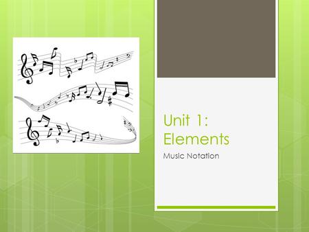 Unit 1: Elements Music Notation. Notating Pitch  Notation – a system of writing music  Pitches are notated by notes on a staff  Staff – set of five.