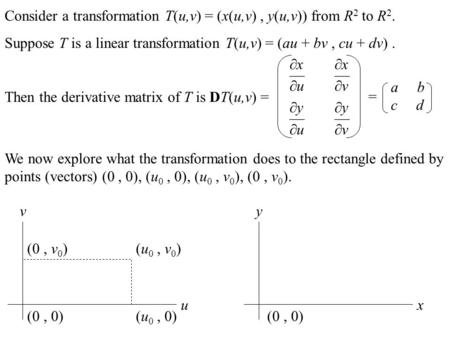 Consider a transformation T(u,v) = (x(u,v), y(u,v)) from R 2 to R 2. Suppose T is a linear transformation T(u,v) = (au + bv, cu + dv). Then the derivative.