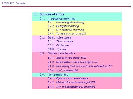 1 LECTURE 7. Contents 5.Sources of errors 5.1.Impedance matching 5.4.1.Non-energetic matching 5.4.2.Energetic matching 5.4.3.Non-reflective matching 5.4.4.To.