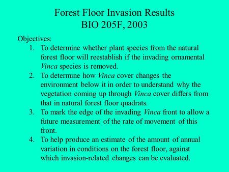 Forest Floor Invasion Results BIO 205F, 2003 Objectives: 1.To determine whether plant species from the natural forest floor will reestablish if the invading.