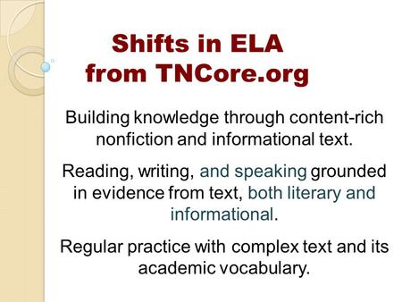 Building knowledge through content-rich nonfiction and informational text. Reading, writing, and speaking grounded in evidence from text, both literary.