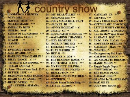 Country show country show 1 – HOOKED ON COUNTRY 2 – FOXY GIRL * 3 – SKIFFLE TIME ** 4 - MILLER MAGIC *** 5 – AMERICAN KIDS * 6 - IMELDA’ WAY ** 7 – TANGO.