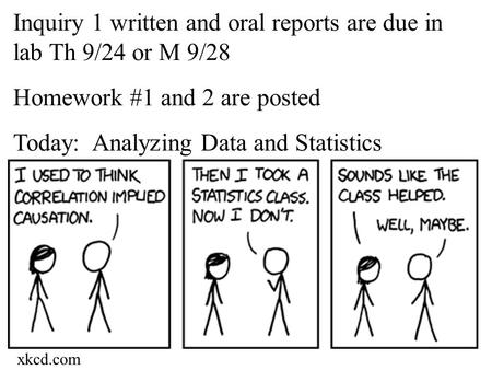 Inquiry 1 written and oral reports are due in lab Th 9/24 or M 9/28 Homework #1 and 2 are posted Today: Analyzing Data and Statistics xkcd.com.