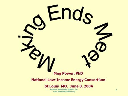 Economic Opportunity Studies, Inc. www.opportunitystudies.org 1 1 Meg Power, PhD National Low-Income Energy Consortium St Louis MO. June 8, 2004.