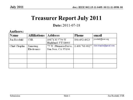 Doc.: IEEE 802.15-11-0495- 00/11-11-0998- 00 Submission July 2011 Jon Rosdahl, CSRSlide 1 Treasurer Report July 2011 Date: 2011-07-18 Authors: