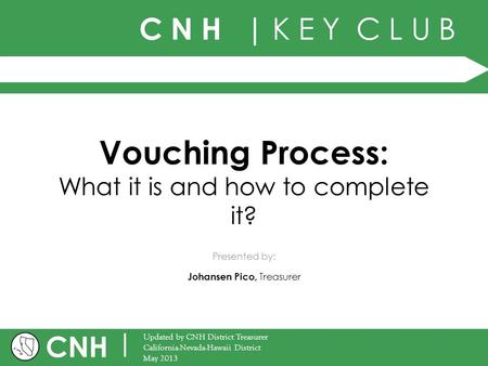 C N H | K E Y C L U B CNH | Updated by CNH District Treasurer California-Nevada-Hawaii District May 2013 Presented by: Vouching Process: What it is and.