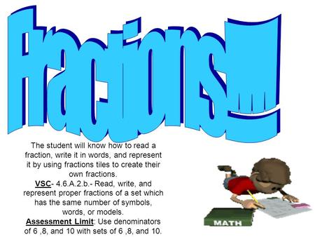 The student will know how to read a fraction, write it in words, and represent it by using fractions tiles to create their own fractions. VSC- 4.6.A.2.b.-