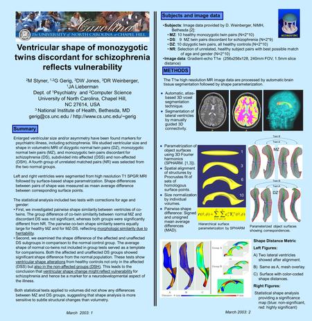 Ventricular shape of monozygotic twins discordant for schizophrenia reflects vulnerability 2 M Styner, 1,2 G Gerig, 3 DW Jones, 3 DR Weinberger, 1 JA Lieberman.