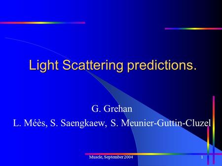 Muscle, September 20041 Light Scattering predictions. G. Grehan L. Méès, S. Saengkaew, S. Meunier-Guttin-Cluzel.