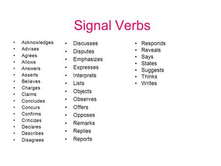 Signal Verbs Acknowledges Advises Agrees Allows Answers Asserts Believes Charges Claims Concludes Concurs Confirms Criticizes Declares Describes Disagrees.