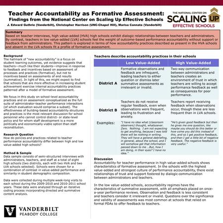 Teacher Accountability as Formative Assessment: Findings from the National Center on Scaling Up Effective Schools J. Edward Guthrie (Vanderbilt), Christopher.