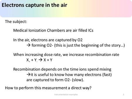 Electrons capture in the air instrumentation examples1 The subject: Medical Ionization Chambers are air filled ICs In the air, electrons are captured by.