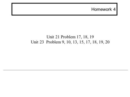 Homework 4 Unit 21 Problem 17, 18, 19 Unit 23 Problem 9, 10, 13, 15, 17, 18, 19, 20.