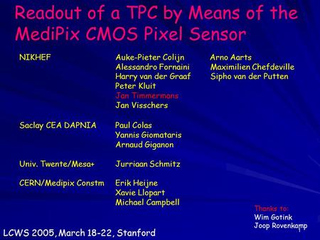 1 Readout of a TPC by Means of the MediPix CMOS Pixel Sensor NIKHEFAuke-Pieter Colijn Arno Aarts Alessandro Fornaini Maximilien Chefdeville Harry van der.