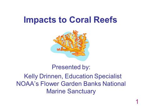 Impacts to Coral Reefs Presented by: Kelly Drinnen, Education Specialist NOAA’s Flower Garden Banks National Marine Sanctuary 1.