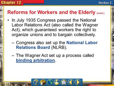 Section 2 In July 1935 Congress passed the National Labor Relations Act (also called the Wagner Act), which guaranteed workers the right to organize unions.