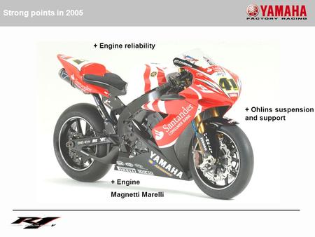 + Engine Magnetti Marelli + Engine reliability + Ohlins suspension and support Strong points in 2005.