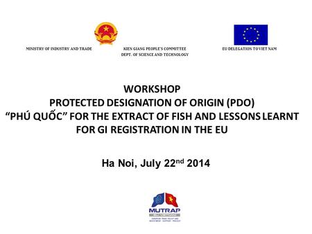 WORKSHOP PROTECTED DESIGNATION OF ORIGIN (PDO) “PHÚ QUỐC” FOR THE EXTRACT OF FISH AND LESSONS LEARNT FOR GI REGISTRATION IN THE EU Ha Noi, July 22 nd 2014.