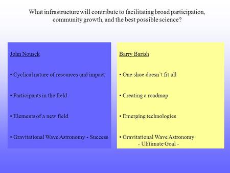 What infrastructure will contribute to facilitating broad participation, community growth, and the best possible science? John Nousek Cyclical nature of.