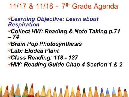 11/17 & 11/18 - 7 th Grade Agenda Learning Objective: Learn about Respiration Collect HW: Reading & Note Taking p.71 – 74 Brain Pop Photosynthesis Lab: