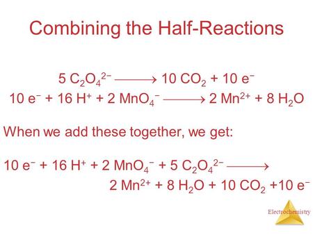 Electrochemistry Combining the Half-Reactions 5 C 2 O 4 2−  10 CO 2 + 10 e − 10 e − + 16 H + + 2 MnO 4 −  2 Mn 2+ + 8 H 2 O When we add these together,