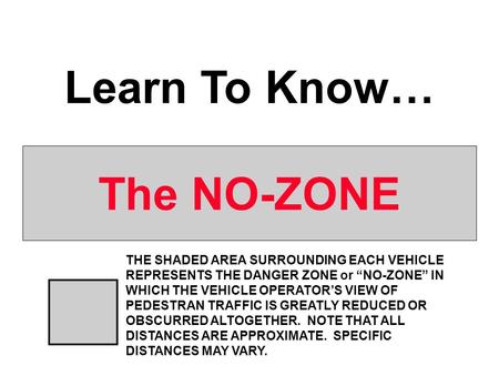 The NO-ZONE Learn To Know… THE SHADED AREA SURROUNDING EACH VEHICLE REPRESENTS THE DANGER ZONE or “NO-ZONE” IN WHICH THE VEHICLE OPERATOR’S VIEW OF PEDESTRAN.