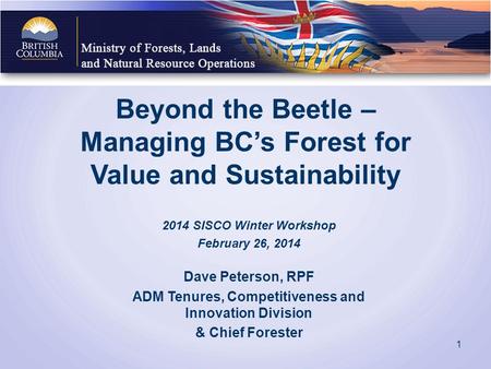 Beyond the Beetle – Managing BC’s Forest for Value and Sustainability 2014 SISCO Winter Workshop February 26, 2014 Dave Peterson, RPF ADM Tenures, Competitiveness.