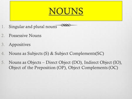 NOUNS Singular and plural nouns Possessive Nouns Appositives