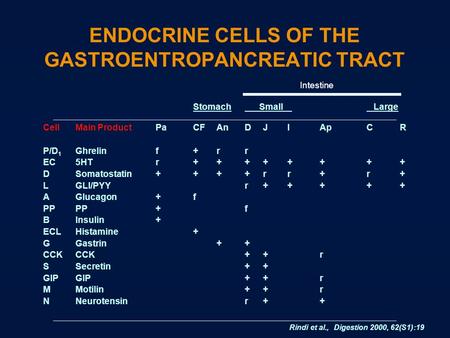 ENDOCRINE CELLS OF THE GASTROENTROPANCREATIC TRACT Stomach Small Large CellMain ProductPaCFAnDJIApCR P/D 1 Ghrelinf+rr EC5HTr++++++++ DSomatostatin++++rr+r+