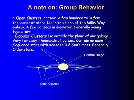 A note on: Group Behavior Open Clusters: contain a few hundred to a few thousands of stars. Lie in the plane of the Milky Way Galaxy. A few parsecs in.