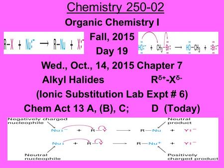 Chemistry 250-02 Organic Chemistry I Fall, 2015 Day 19 Wed., Oct., 14, 2015 Chapter 7 Alkyl Halides R δ+ -X δ- (Ionic Substitution Lab Expt # 6) Chem Act.