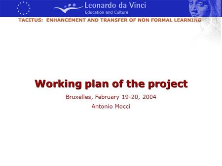 Bruxelles, 19-20 Febbraio 2004 Antonio Mocci - 2004 Working plan of the project Bruxelles, February 19-20, 2004 Antonio Mocci.