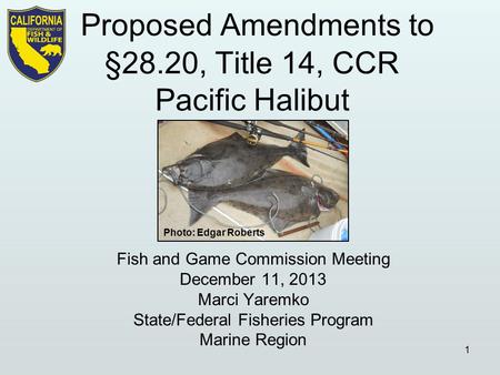 Fish and Game Commission Meeting December 11, 2013 Marci Yaremko State/Federal Fisheries Program Marine Region 1 Photo: Edgar Roberts.