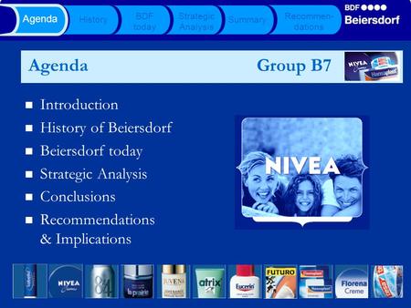 Agenda Group B7 Introduction History of Beiersdorf Beiersdorf today Strategic Analysis Conclusions Recommendations & Implications History BDF today Strategic.