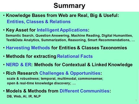 Summary Knowledge Bases from Web are Real, Big & Useful: Entities, Classes & Relations Key Asset for Intelligent Applications: Semantic Search, Question.