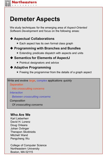 Demeter Aspects We study techniques for the emerging area of Aspect-Oriented Software Development and focus on the following areas:  Aspectual Collaborations.